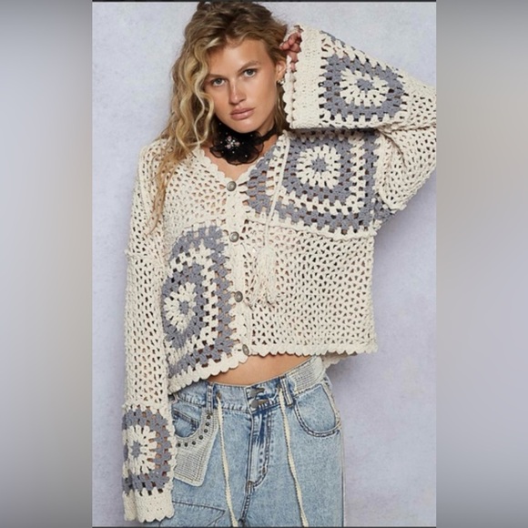 POL Sweaters - 🌻 POL “ Shoreline Chenille “ Granny Square Cardigan Hoodie | Cream